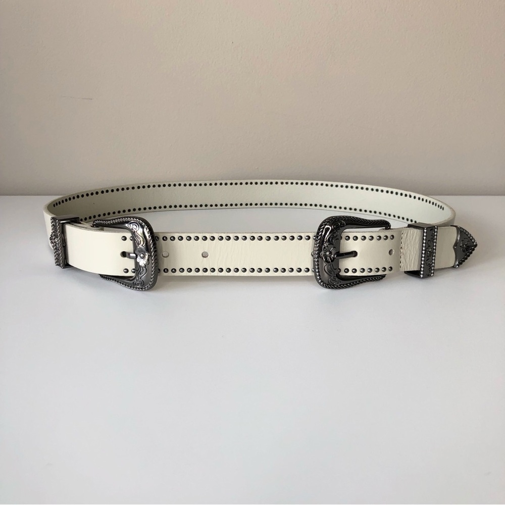American Eagle cream Leather studded Western Double Buckle Belt S